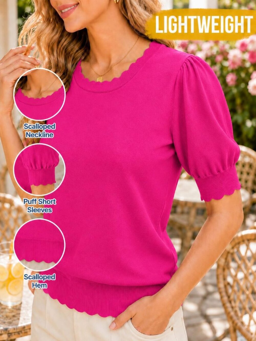 Women's Rose Red Short Sleeve Crew Neck Pull On Imported Casual Sweater - Picture 3 of 5